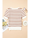 Khaki Stripe Scalloped Round Neck Short Sleeve Sweater - M