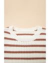 Khaki Stripe Scalloped Round Neck Short Sleeve Sweater - M