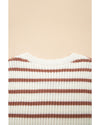 Khaki Stripe Scalloped Round Neck Short Sleeve Sweater - M