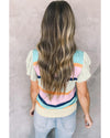 Multicolour Striped Color Block Flutter Sleeve Patchwork Sweater Top - S