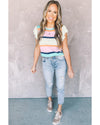 Multicolour Striped Color Block Flutter Sleeve Patchwork Sweater Top - S