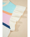 Multicolour Striped Color Block Flutter Sleeve Patchwork Sweater Top - S