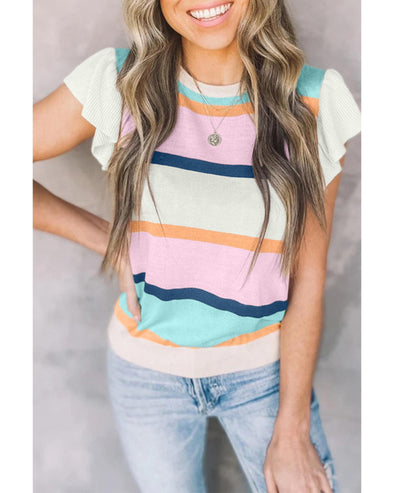 Multicolour Striped Color Block Flutter Sleeve Patchwork Sweater Top - XL