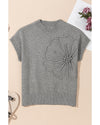 High Flower Pattern Ribbed Trim Short Sleeve Boxy Sweater - L