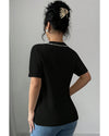 Black Pearl Bow Necklace Embellished Short Sleeve Knitted T Shirt - M