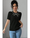 Black Pearl Bow Necklace Embellished Short Sleeve Knitted T Shirt - M