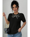 Black Pearl Bow Necklace Embellished Short Sleeve Knitted T Shirt - M