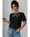 Black Pearl Bow Necklace Embellished Short Sleeve Knitted T Shirt - M