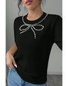 Black Pearl Bow Necklace Embellished Short Sleeve Knitted T Shirt - M