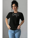 Black Pearl Bow Necklace Embellished Short Sleeve Knitted T Shirt - M