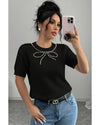 Black Pearl Bow Necklace Embellished Short Sleeve Knitted T Shirt - M