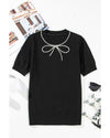 Black Pearl Bow Necklace Embellished Short Sleeve Knitted T Shirt - M