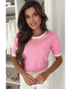 Bonbon Colorblock Bow V-Shape Cut Back Short Sleeve Sweater - L