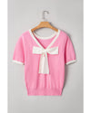 Bonbon Colorblock Bow V-Shape Cut Back Short Sleeve Sweater - L