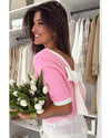 Bonbon Colorblock Bow V-Shape Cut Back Short Sleeve Sweater - M