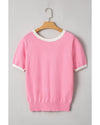 Bonbon Colorblock Bow V-Shape Cut Back Short Sleeve Sweater - M