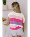 Pink Color Block Notch V Neck Sweater T Shirt - L