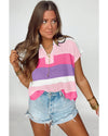 Pink Color Block Notch V Neck Sweater T Shirt - XL