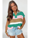 Multicolour Color Block Notch V Neck Sweater T Shirt - S