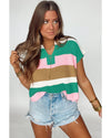Multicolour Color Block Notch V Neck Sweater T Shirt - XL