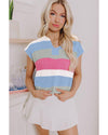 Light Blue Color Block Notch V Neck Sweater T Shirt - S