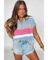 Light Blue Color Block Notch V Neck Sweater T Shirt - S
