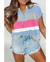 Light Blue Color Block Notch V Neck Sweater T Shirt - XL