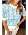 Sky Blue Contrast Floral Crewneck Short Sleeve Sweater - L