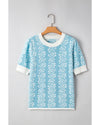Sky Blue Contrast Floral Crewneck Short Sleeve Sweater - L