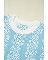 Sky Blue Contrast Floral Crewneck Short Sleeve Sweater - L