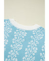 Sky Blue Contrast Floral Crewneck Short Sleeve Sweater - L