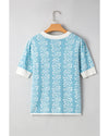 Sky Blue Contrast Floral Crewneck Short Sleeve Sweater - S
