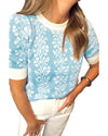 Sky Blue Contrast Floral Crewneck Short Sleeve Sweater - S