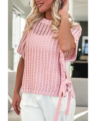 Pink Hollow-out Crochet Side Tied Short Sleeve Sweater - XL