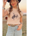 Oatmeal HOWDY Rodeo Cowboy Graphic High Neck Short Sleeve Sweater - L