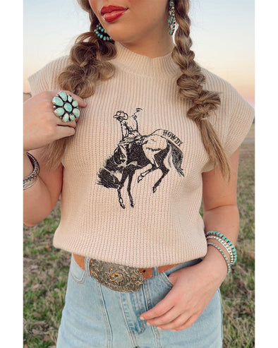 Oatmeal HOWDY Rodeo Cowboy Graphic High Neck Short Sleeve Sweater - XL