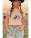 Oatmeal HOWDY Rodeo Cowboy Graphic High Neck Short Sleeve Sweater - XL