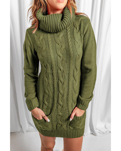 Azura Exchange Olive Cowl Neck Cable Knit Sweater Dress - M