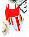 Square Neck Sleeveless Fashion Print Tankini Set - M