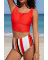 Square Neck Sleeveless Fashion Print Tankini Set - M