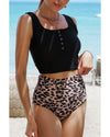 Black Square Neck Sleeveless Fashion Print Tankini Set - L