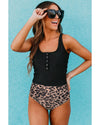 Black Square Neck Sleeveless Fashion Print Tankini Set - L