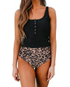 Black Square Neck Sleeveless Fashion Print Tankini Set - L