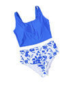 Blue Square Neck Sleeveless Fashion Print Tankini Set - M