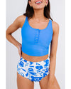 Blue Square Neck Sleeveless Fashion Print Tankini Set - M