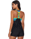 Black Blouson Striped Printed Strappy T-Back Push up Tankini Top - L