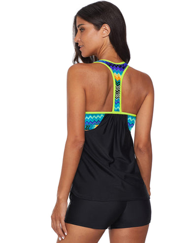 Black Blouson Striped Printed Strappy T-Back Push up Tankini Top - L