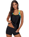 Black Blouson Striped Printed Strappy T-Back Push up Tankini Top - L