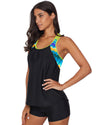 Black Blouson Striped Printed Strappy T-Back Push up Tankini Top - L