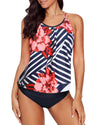 Fiery Red Floral Print Criss Cross Hollow-out Tankini Swimwear - S